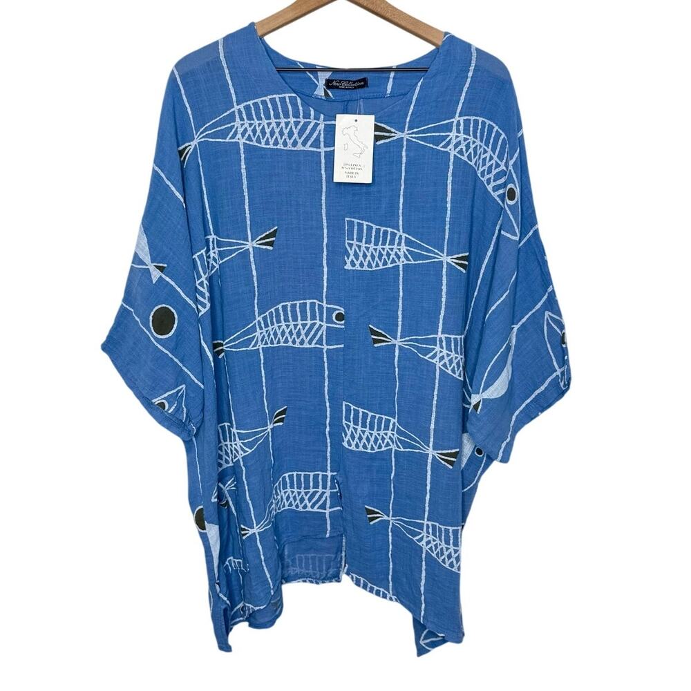 NWT NEW COLLECTION MADE IN ITALY Linen Tunic Top Blue Fish One Size Lagenlook